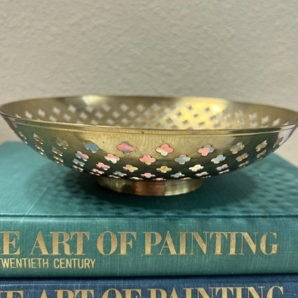Vintage Cut Out Pierced Brass Bowl Enamel Boho Patina Distressed Made India - Picture 7 of 12